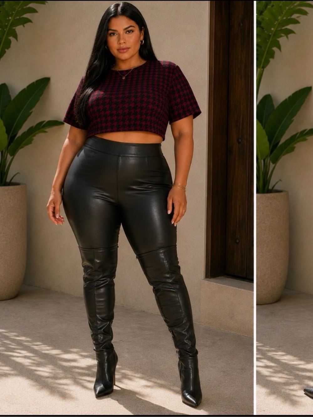 PLUS SIZE Cropped Houndstooth Open-Back Top in Burgundy & Black